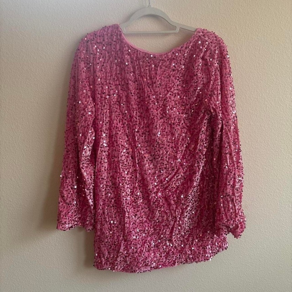 Pink Sequin Blouse Womens 3/4 Sleeve Glamour Party Top with Back Bow Detail